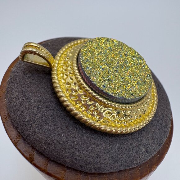 Gold Plated Yellow Druzy Circle Pendant Fashion Pendant Size 1.25" Length - Picture 2 of 9